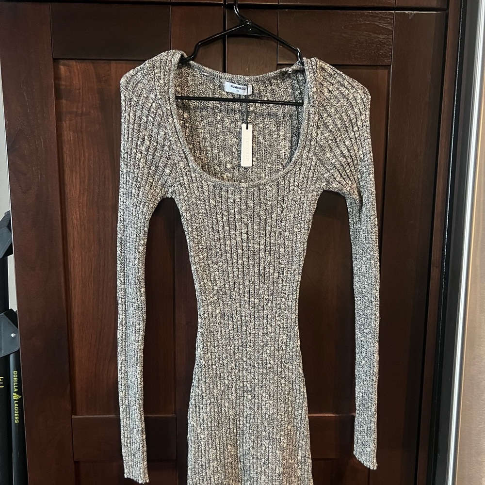 Rumored Tan Ribbed Bodycon Dress Long Sleeve Scoop Neck